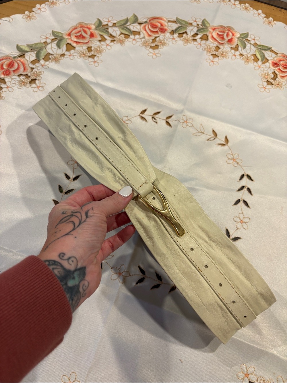 Cream Leather Wide Waist Belt with Gold-Tone Buckle